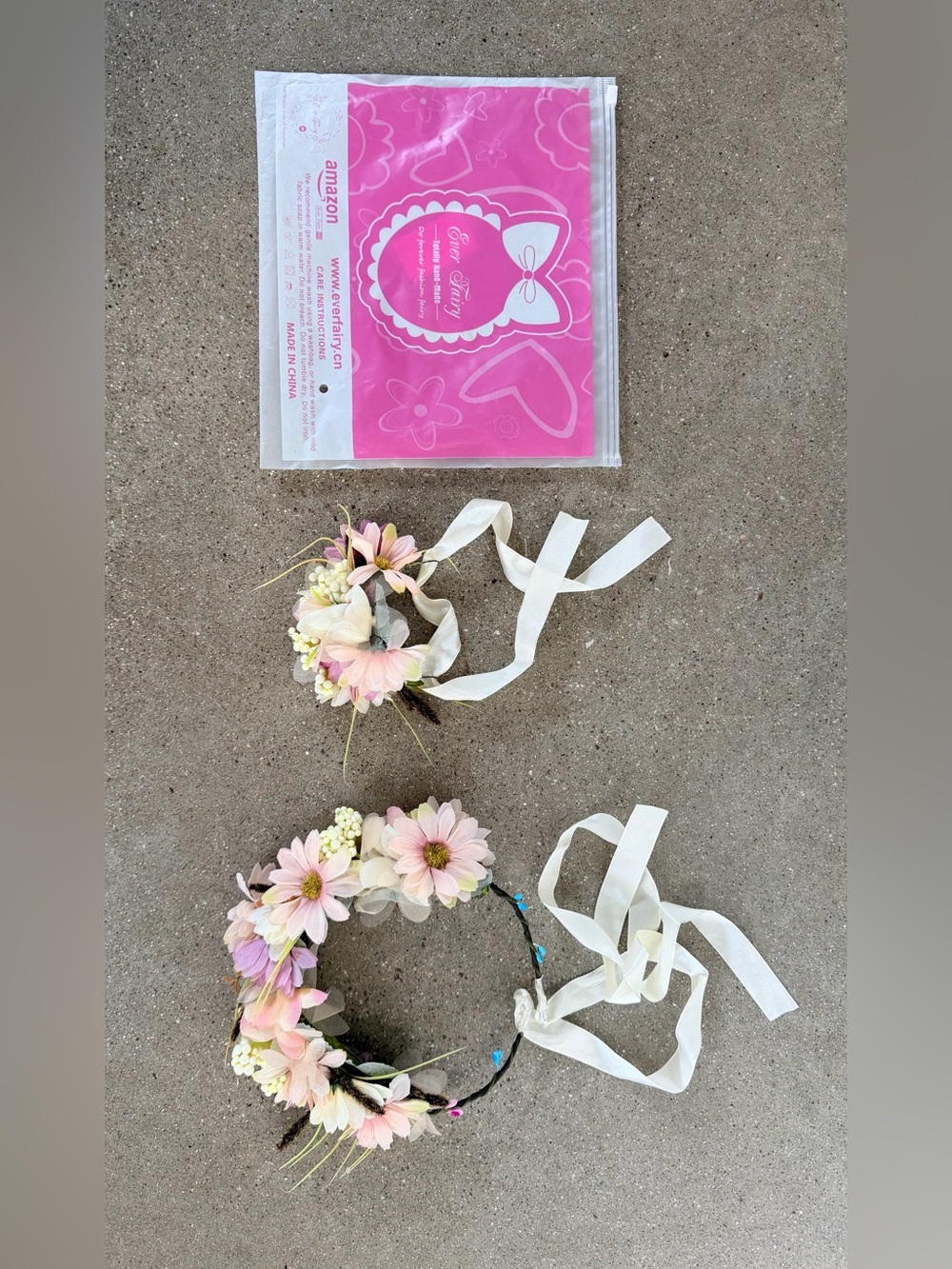 Floral Pink Kids Flower Crown Headbands with White Ribbon